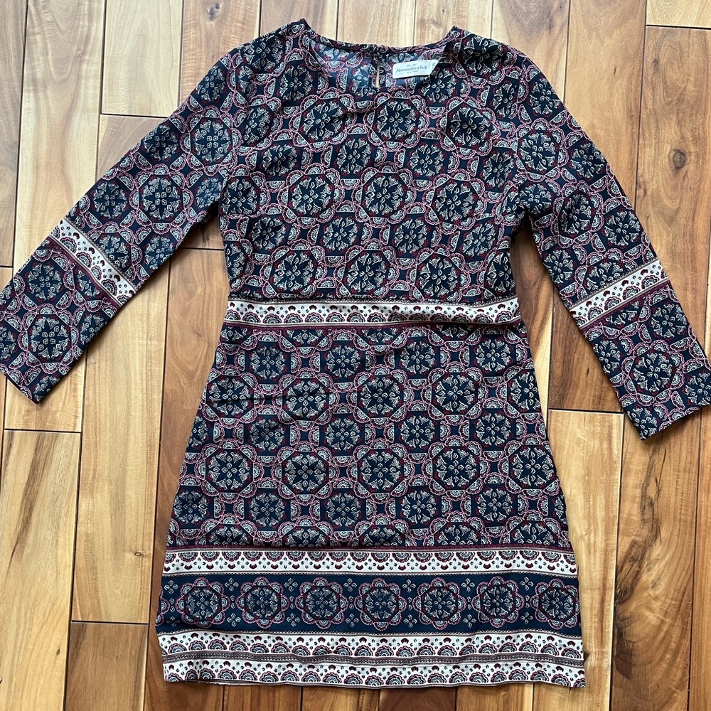 Womens Abercrombie and Fitch Long Sleeve Mini Dress Sz XS Blue Red Cream EUC